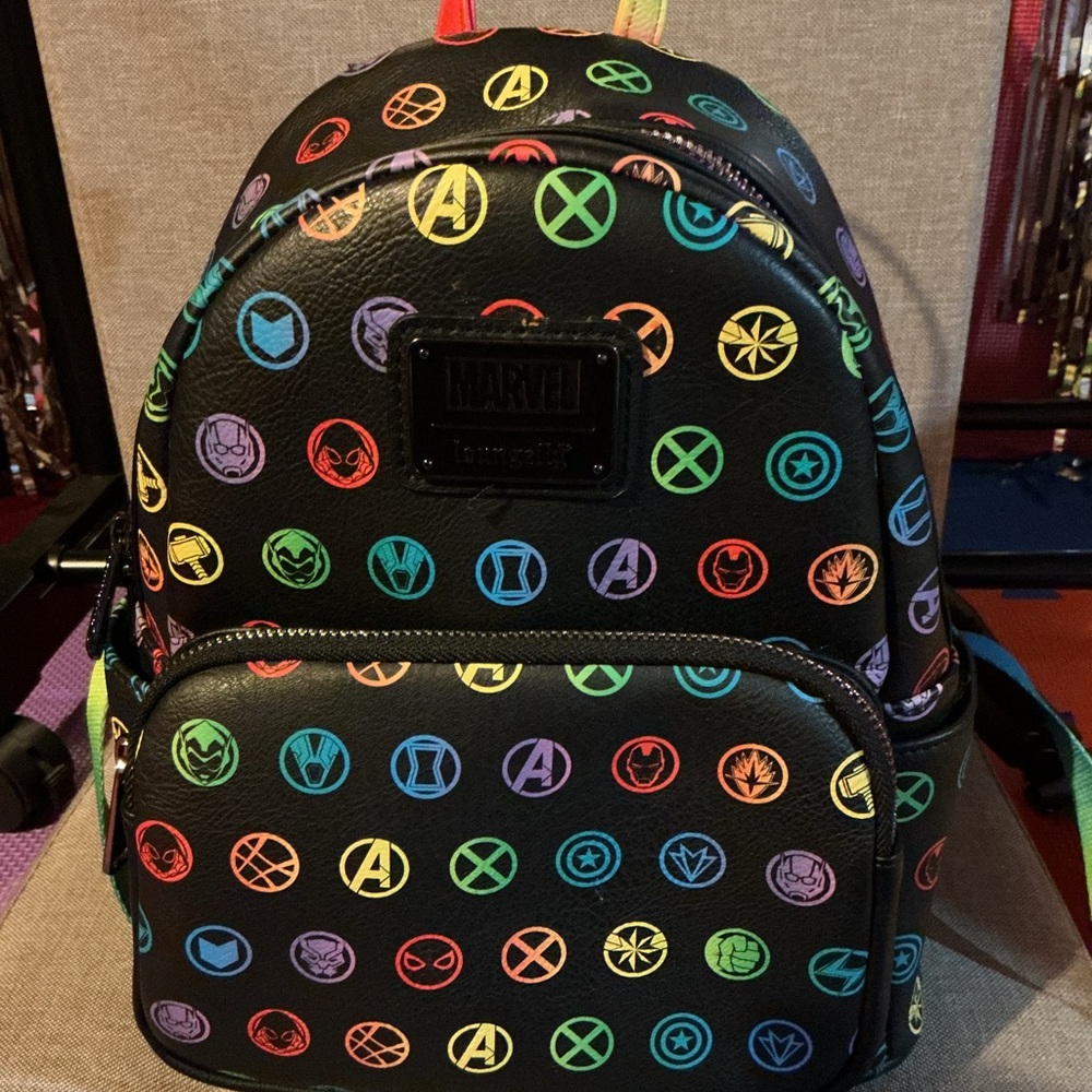 Disney Loungefly Marvel Black Mini Backpack with Multicolor Marvel Symbols